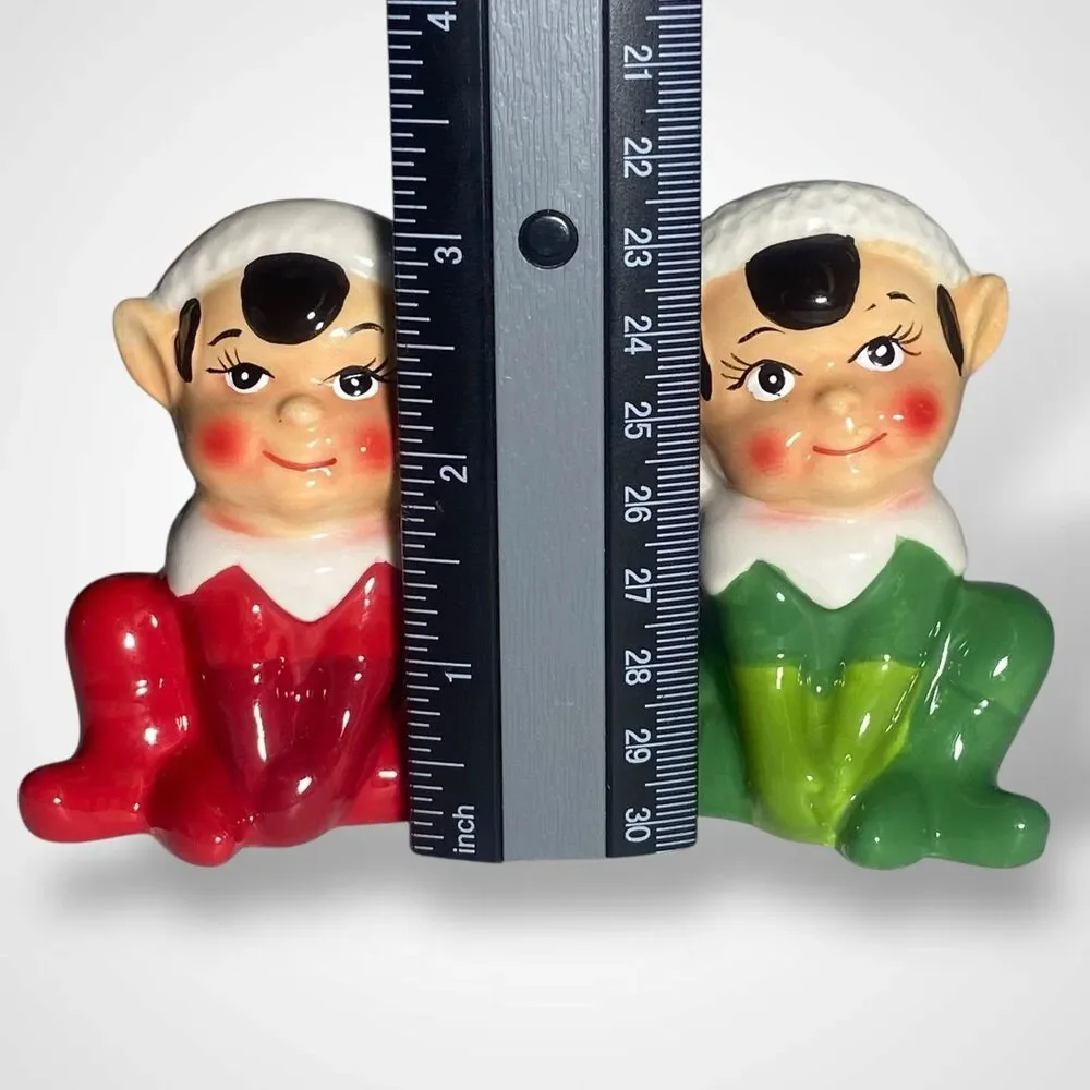 Vintage Christmas Elf Salt and Pepper Shakers Red Green Ceramic Figurines Decor